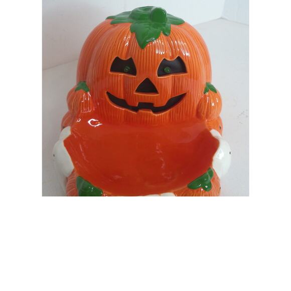 Vintage Russ Halloween Ceramic Pumpkin Ghosts Motion Activated Candy Dish - Picture 4 of 8